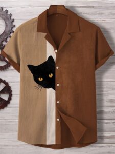 Men's Fun Hide And Seek Black Cat Print Hawaiian Beach Shirt