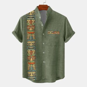 Vintage Casual Tribal Men's Shirt Button Up Shirt Daily Vacation Summer Spring Band Collar grandad collar Short Sleeve Dark Green, Green, Khaki S, M, L Polyester Shirt